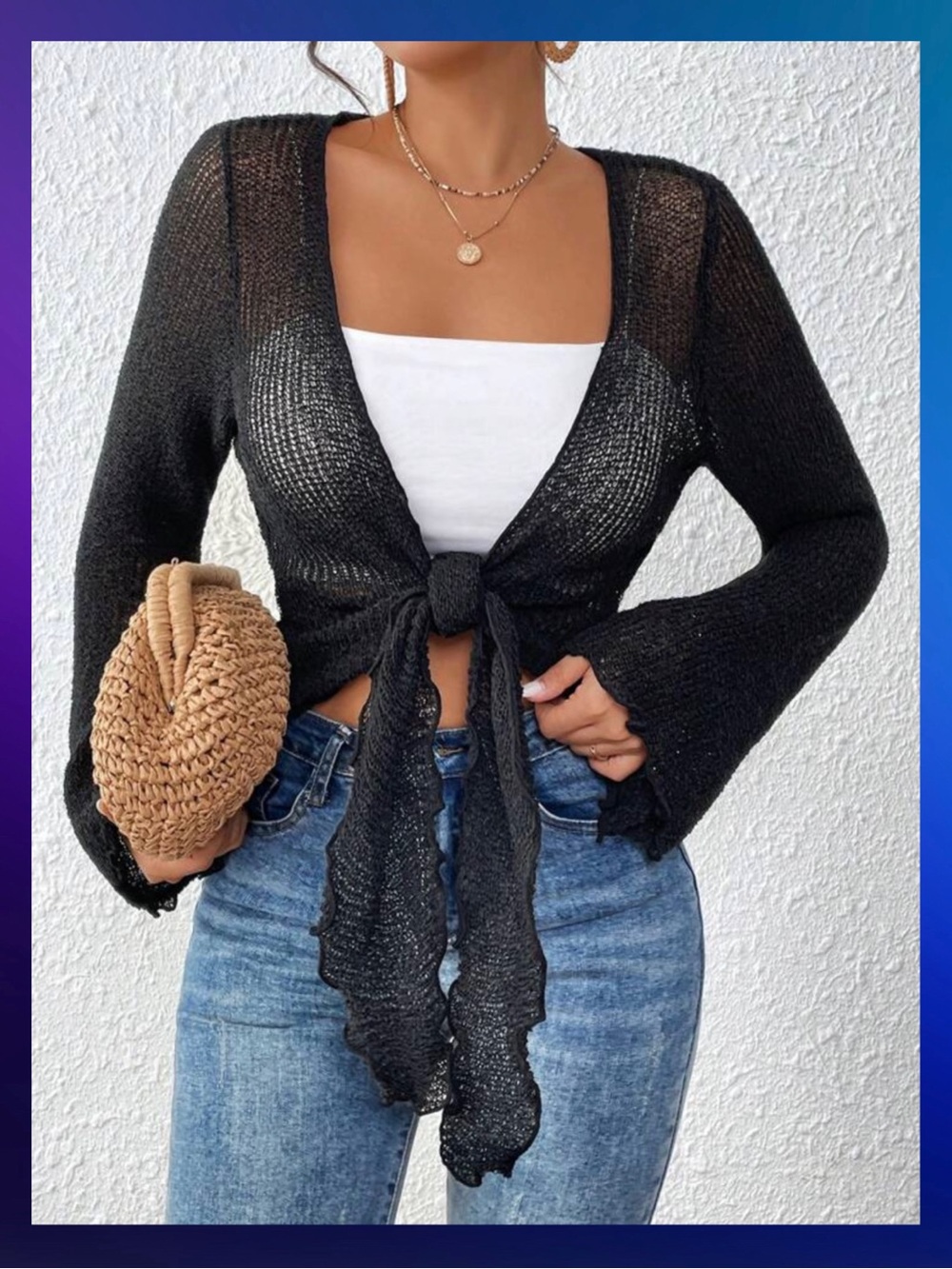 Shein Sheer Black Knot Tie Cropped Sweater Cardigan